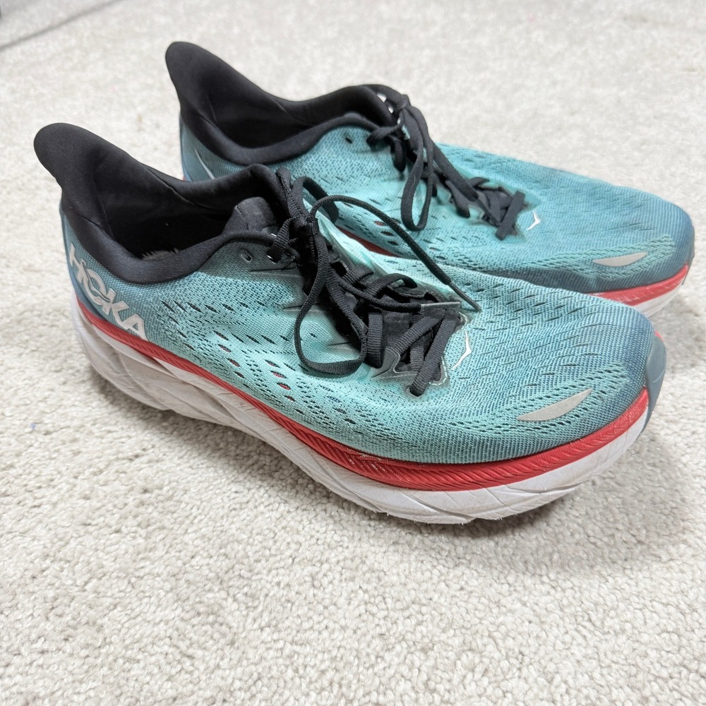 Hoka Mens 11.5 2E Clifton 8 Wide Running Shoes Teal Red